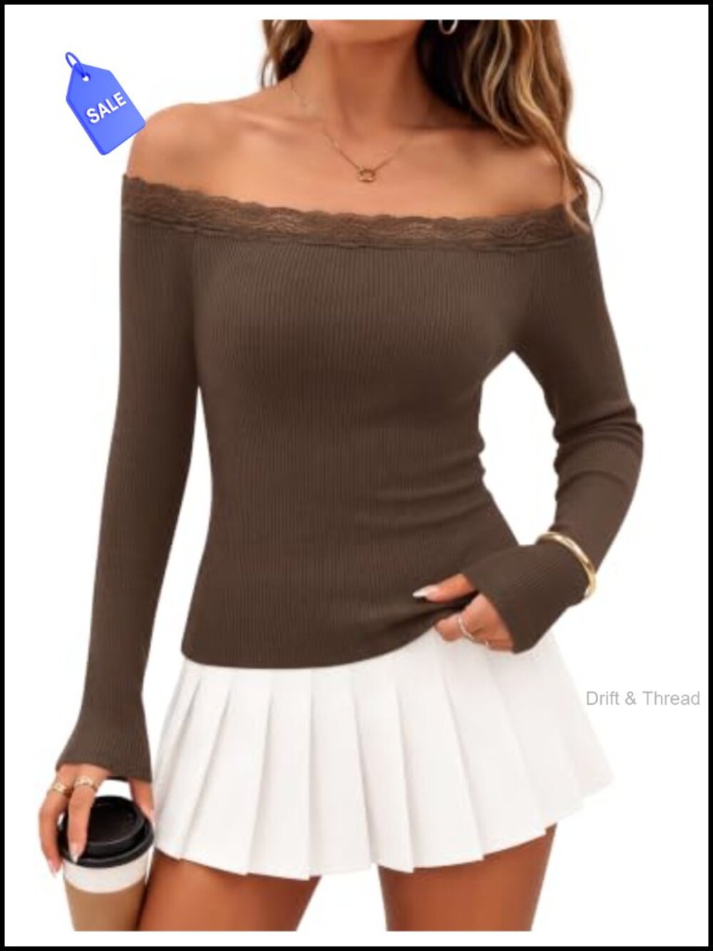 Off Shoulder Lace Trim Ribbed Knit Long Sleeve Crop Top Women's Fitted